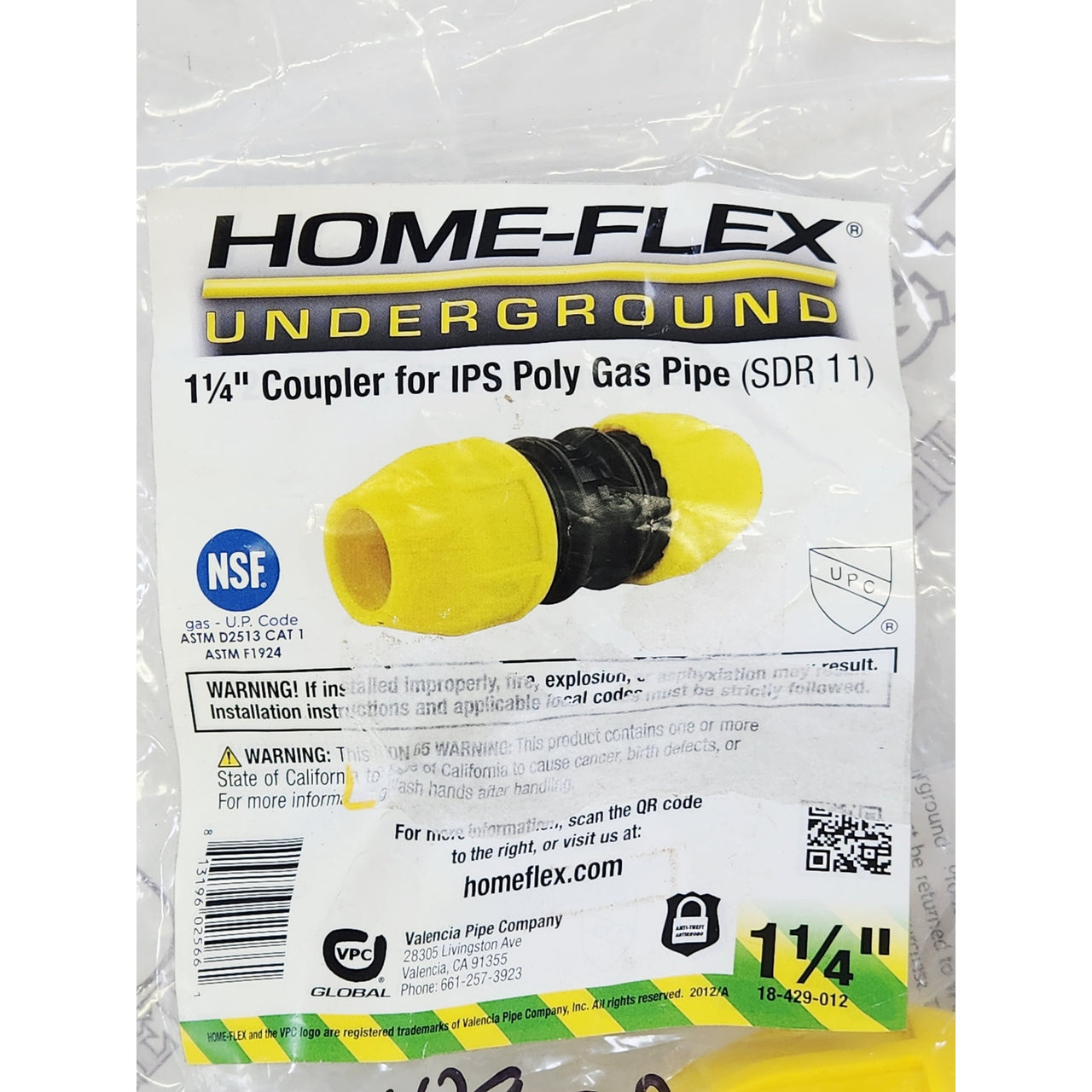 Homeflex 18-429-012 1-1/4" IPS SDR 11 Poly Gas Pipe Coupler - Yellow