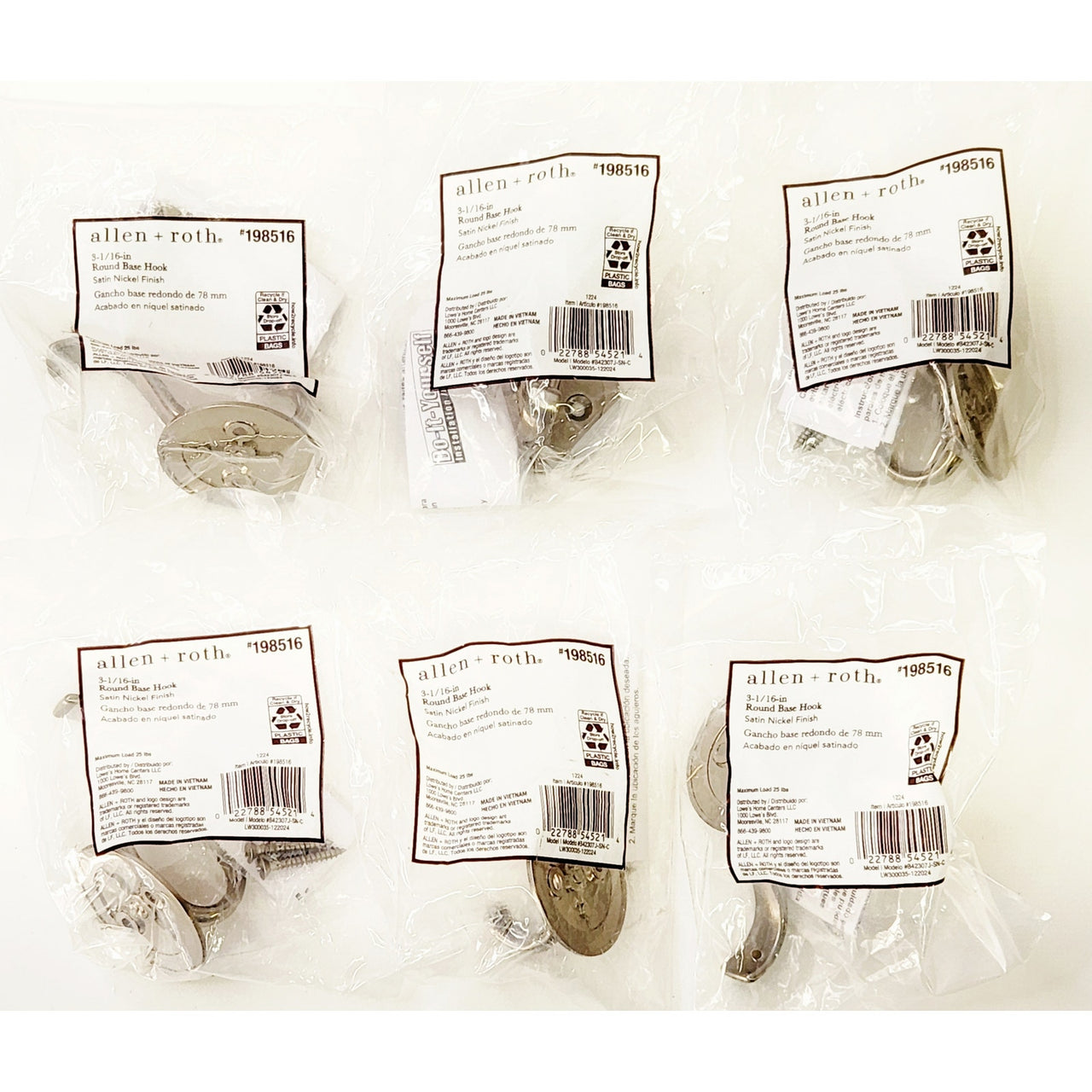 allen + roth 198516 1-Hook 1.50" x 3.07" Wall Hook (6/pack) - Satin Nickel