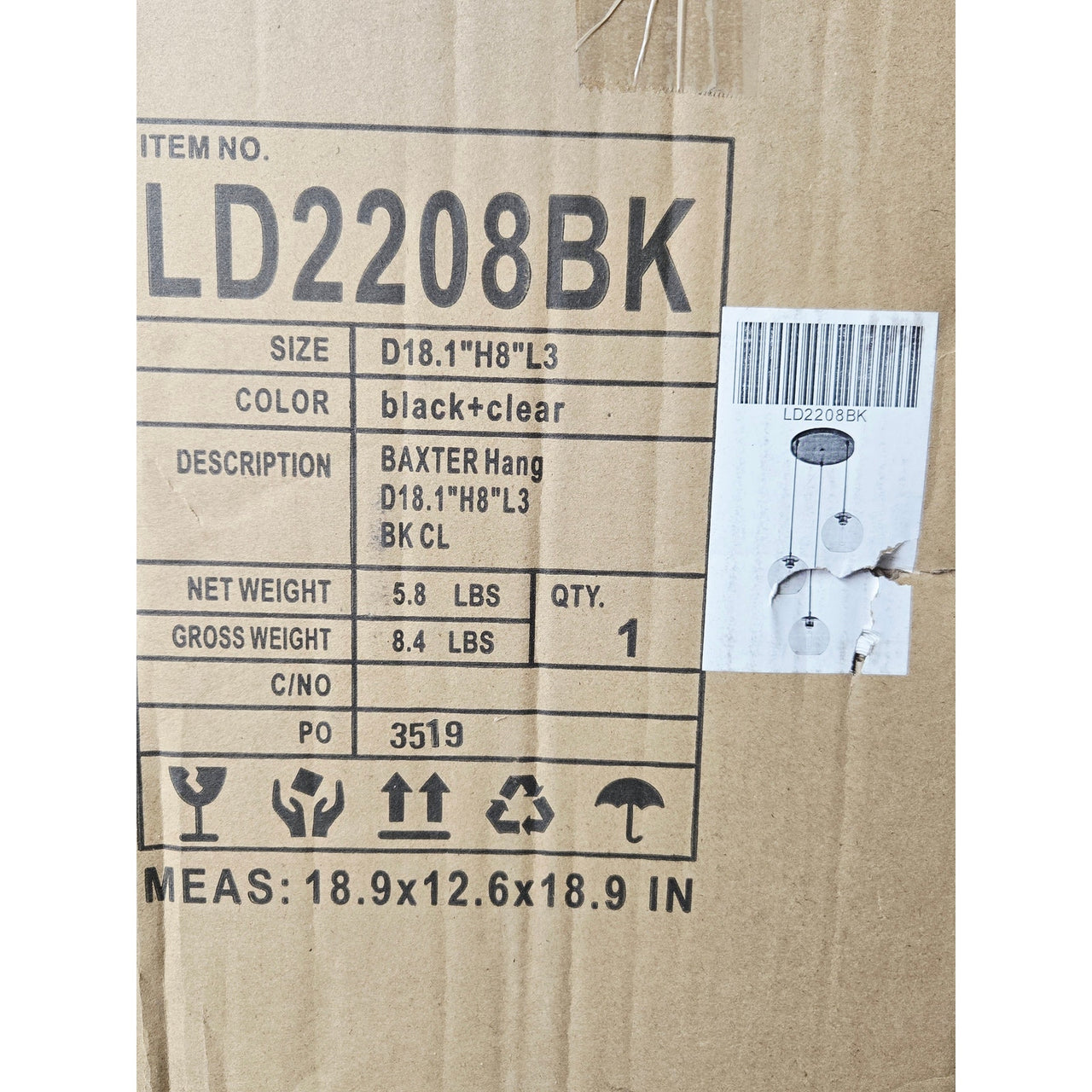 Elegant Lighting LD2208BK Baxter 3 Light 18" Multi Light Pendant - Black/Clear