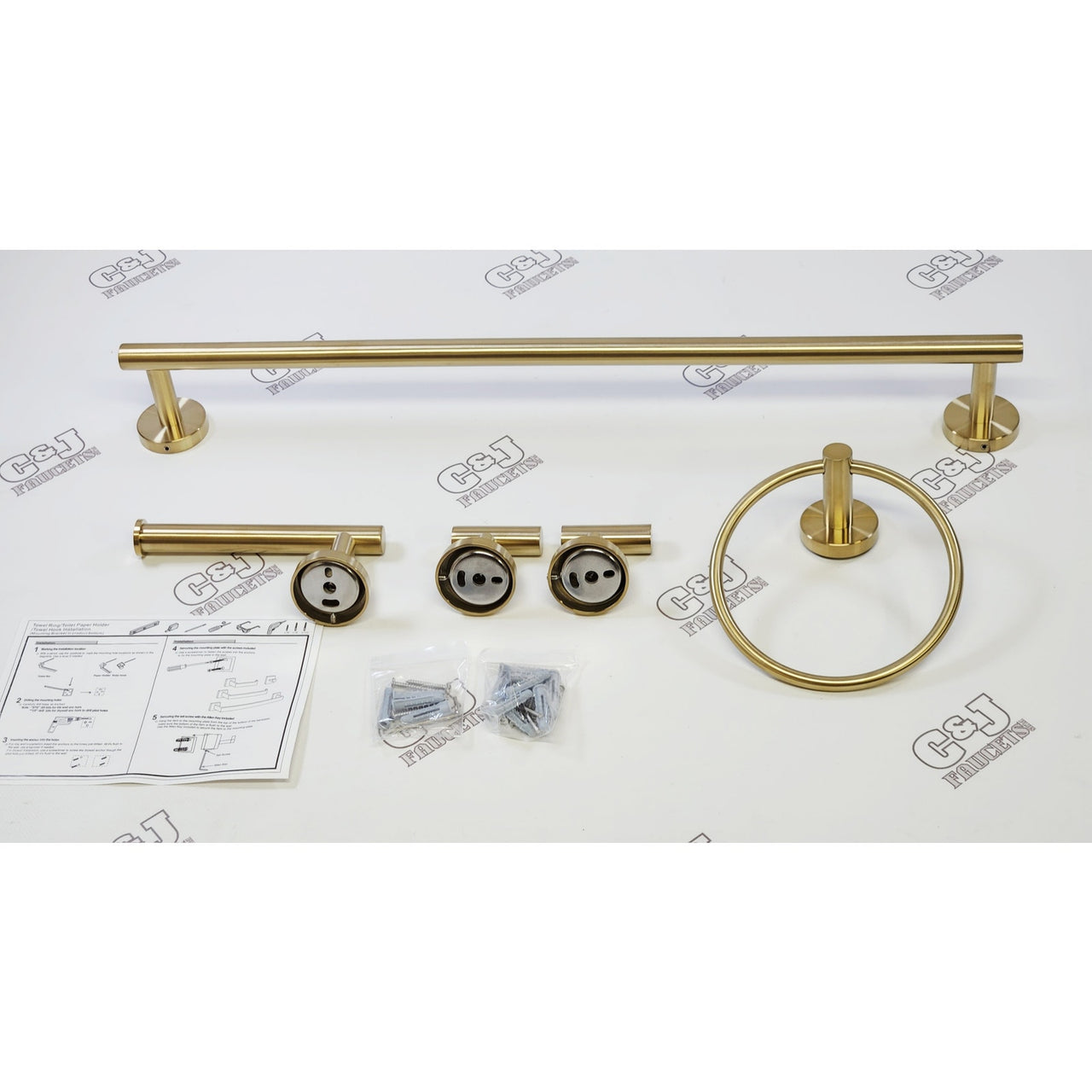 BWE A-91020-BG Rivulet 5 Piece Bathroom Towel Bar Hardware Set - Brushed Gold