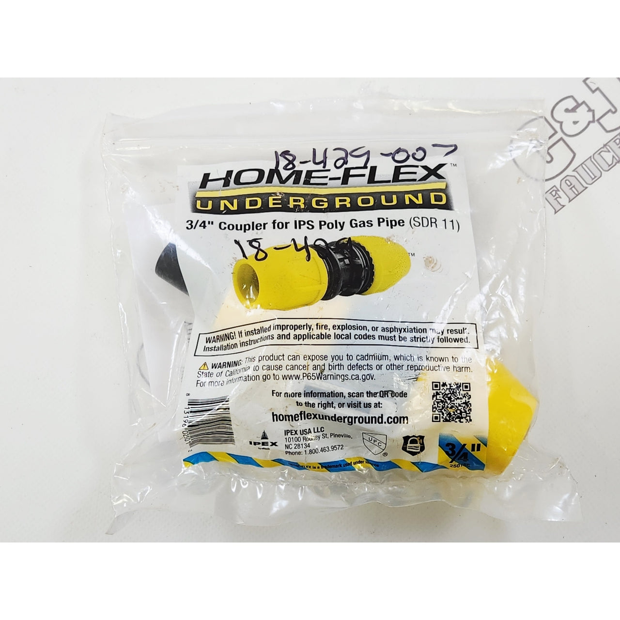 Homeflex 18-429-007 3/4" IPS SDR 11 Poly Gas Pipe Coupler - Yellow