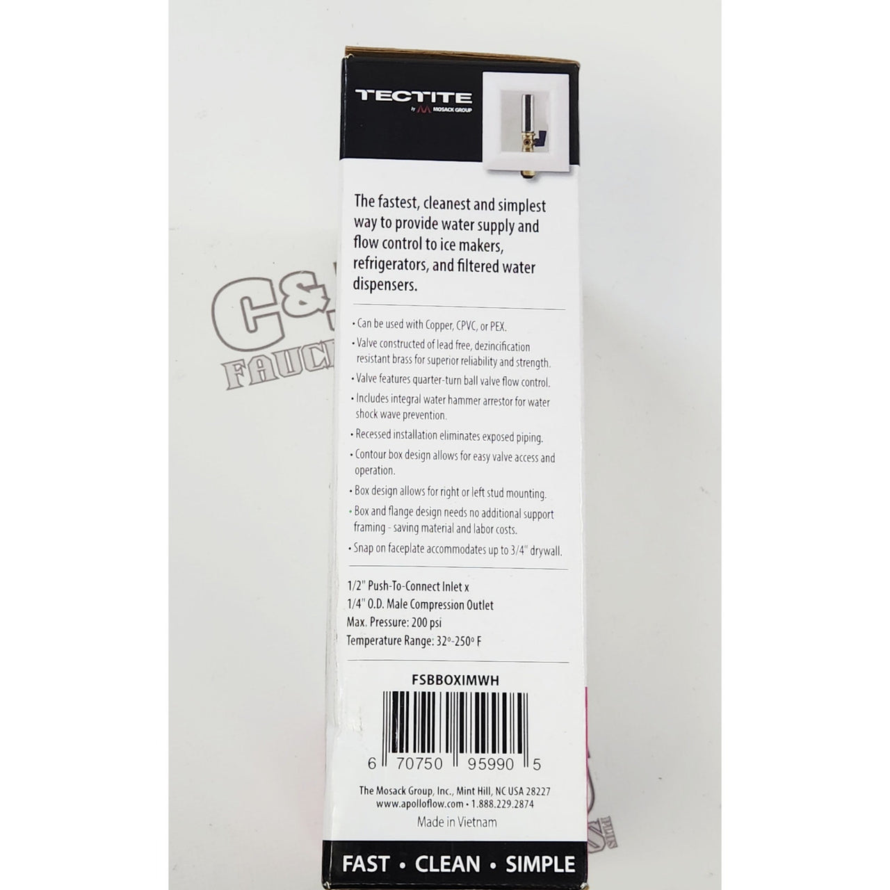 Tectite FSBBOXIMWH 1/2" Push to Connect Kitchen Ice Maker Outlet Box - White