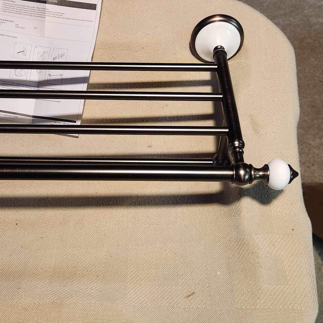 Signature Hardware 413148 Adelaide Oil Rubbed Bronze and Porcelain Towel Rack