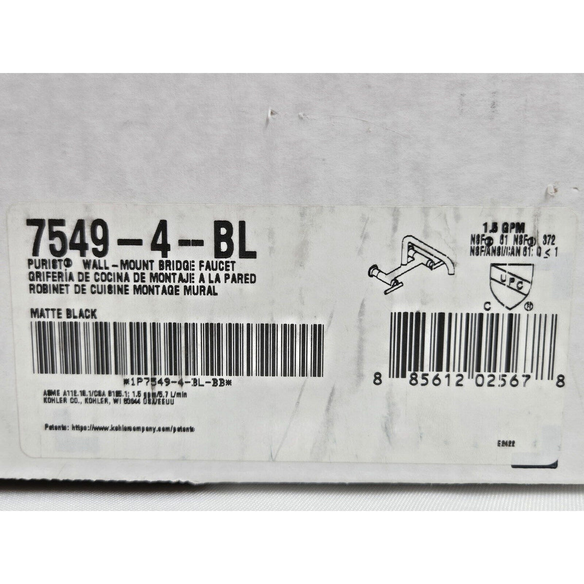 Kohler 7549-4-BL Purist 1.8 GPM Wall Mounted Bridge Kitchen Faucet - Matte Black