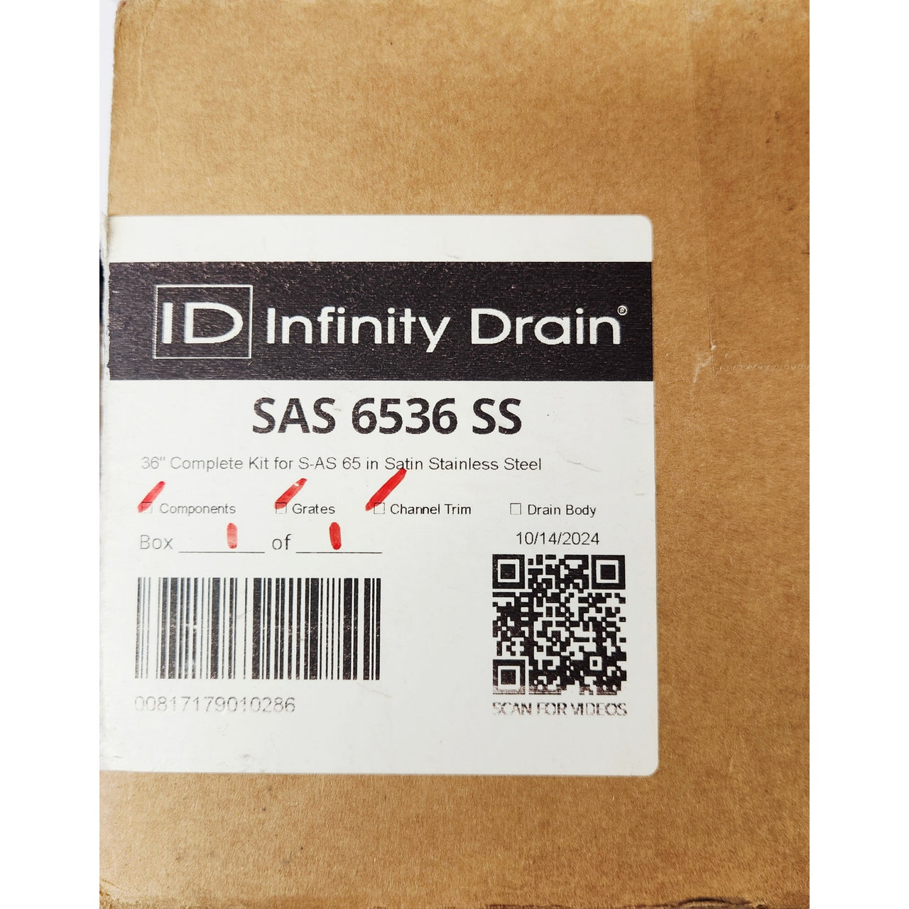 Infinity Drain S-AS 6536 SS 36" Grate, 28" Channel & 8" Outlet - Satin Stainless