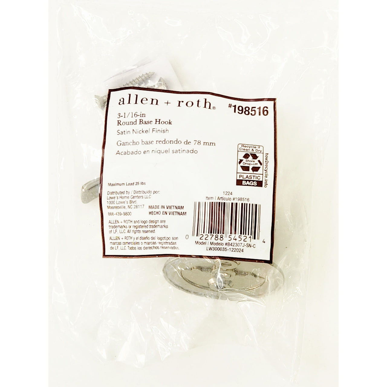 allen + roth 198516 1-Hook 1.50" x 3.07" Wall Hook (6/pack) - Satin Nickel