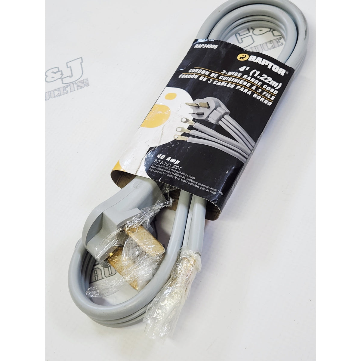 Raptor Tools RAP34005 Kitchen 4' 40A 3-Wire Range Power Cord - Black