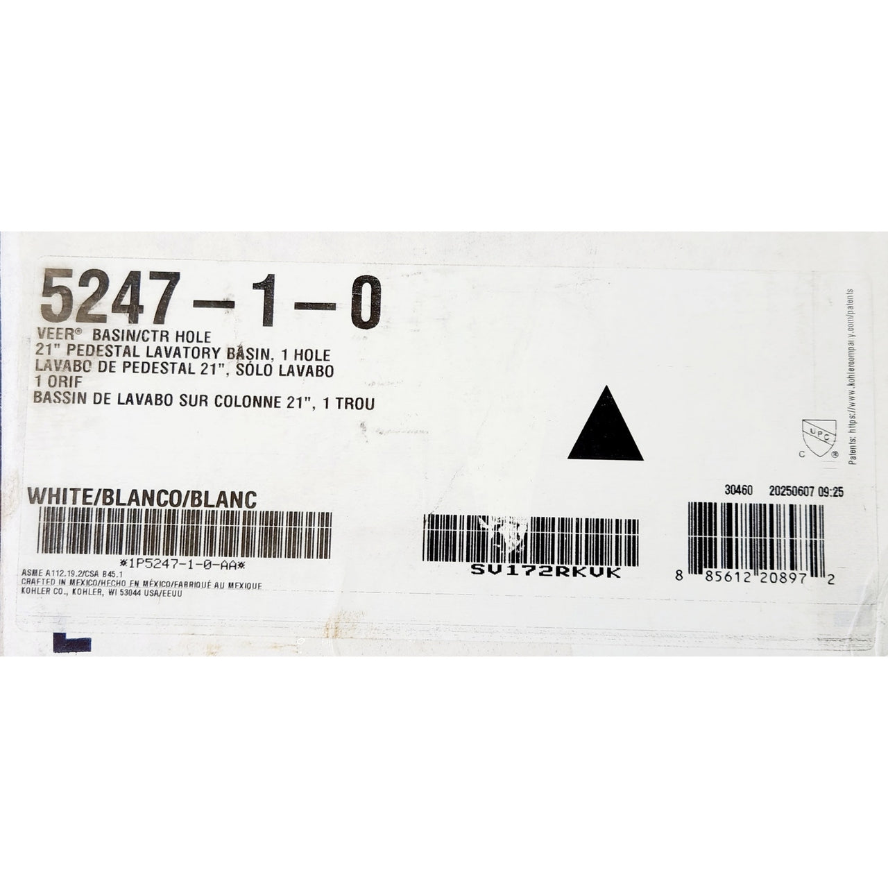 Kohler 5247-1-0 Veer 21" Pedestal Bathroom Sink with One Hole & Overflow - White