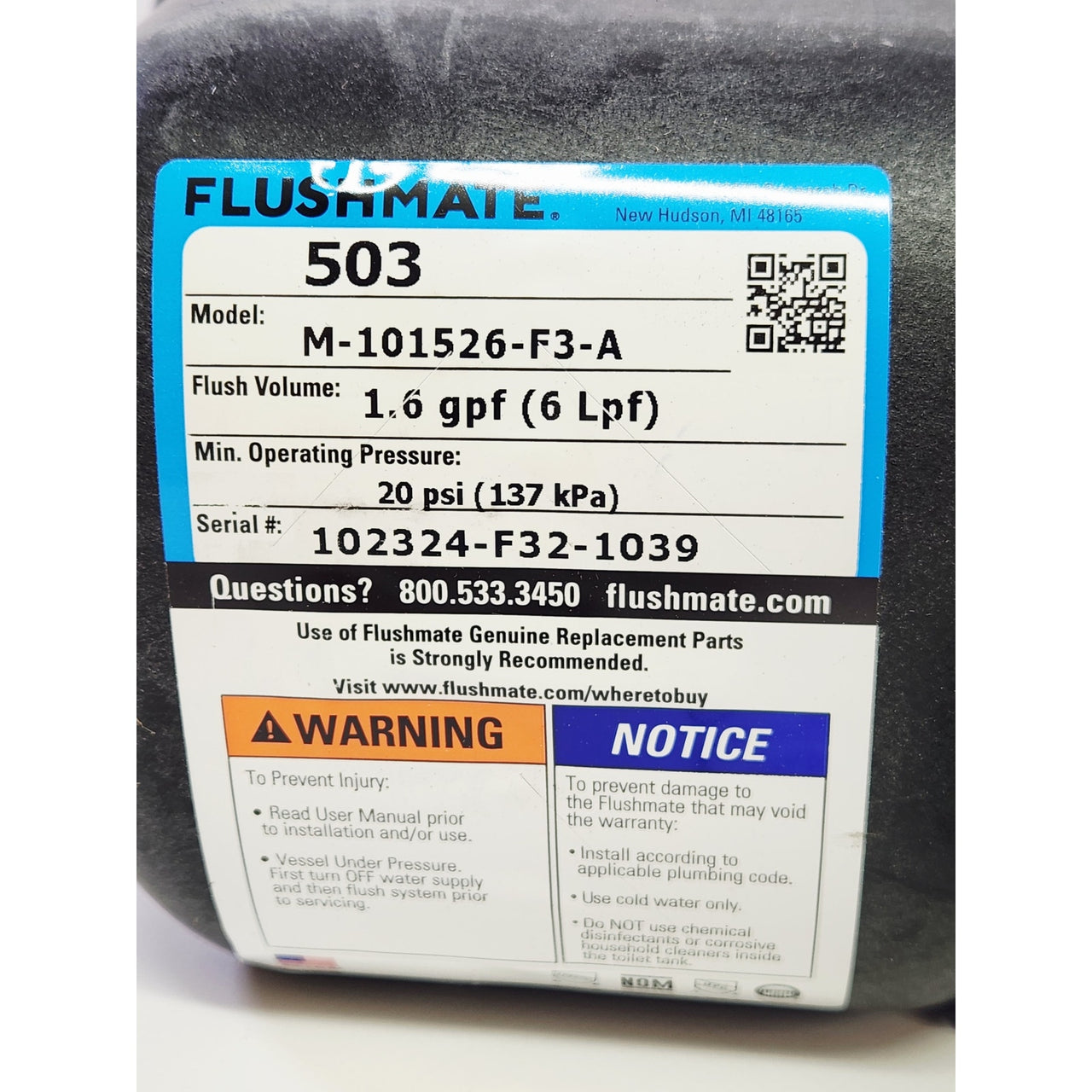 Flushmate M-101526-F32 503 Series 1.6 GPM Toilet Pressure Assist Tank READ