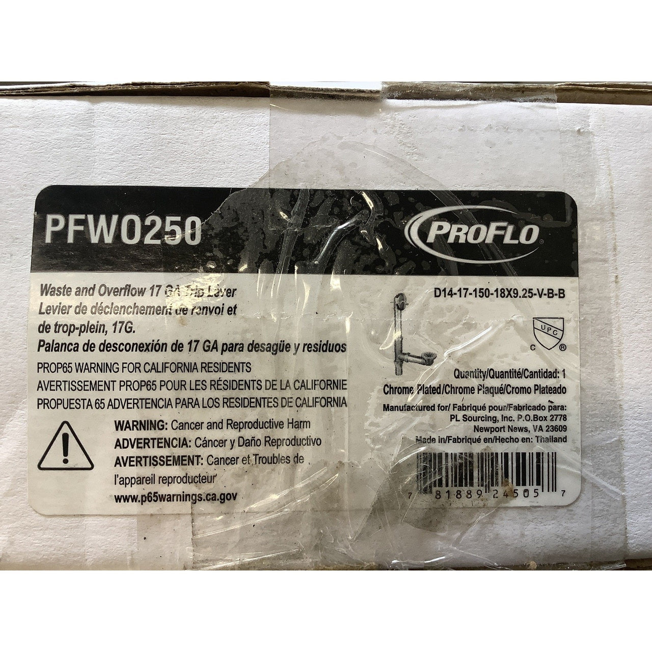 ProFlo PFWO250 Tub and Shower Waste / Overflow Drain - Chrome - For Tubs 18"-24"