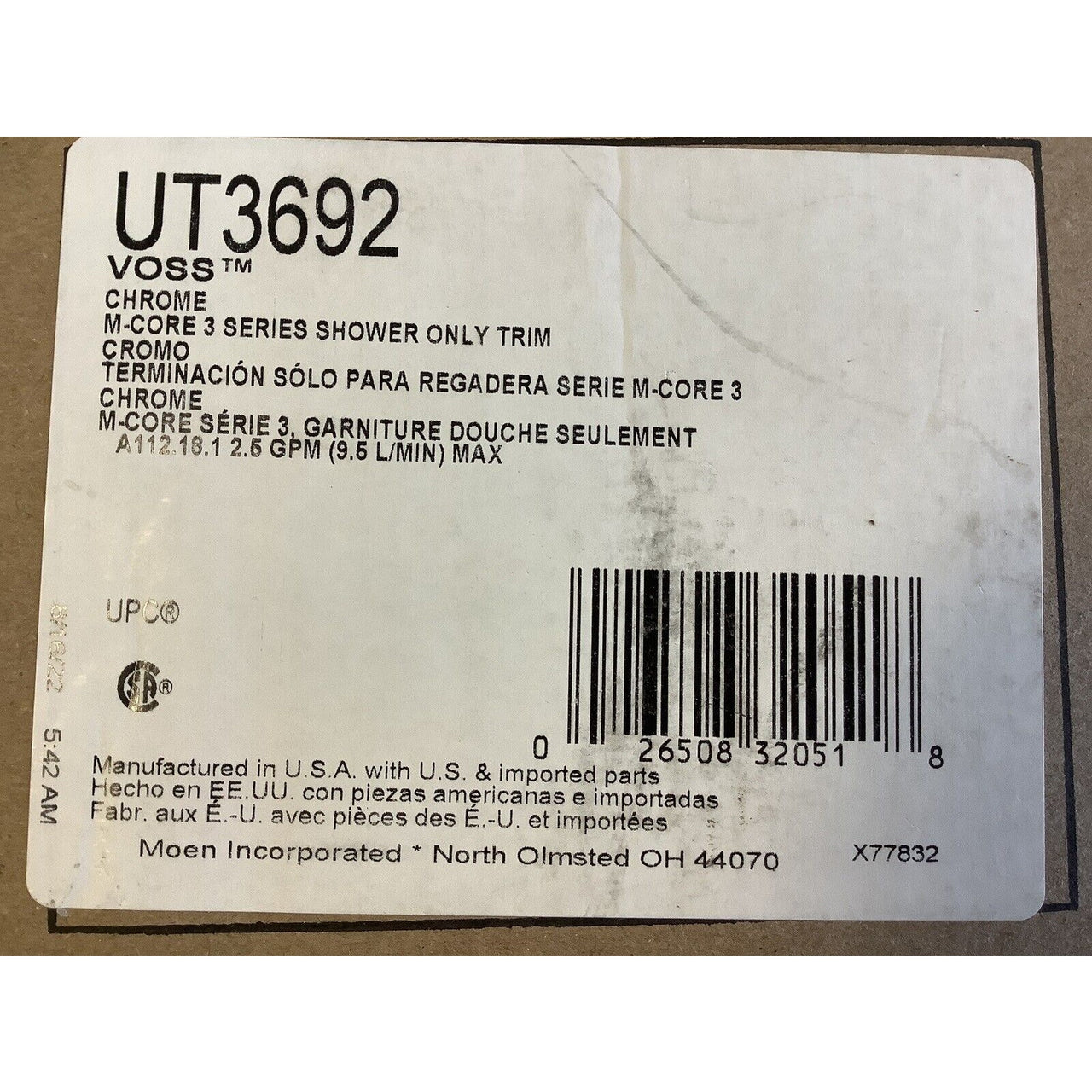 Moen UT3692 Voss Collection M-CORE 3-Series 1-Handle Shower Trim Kit - Chrome