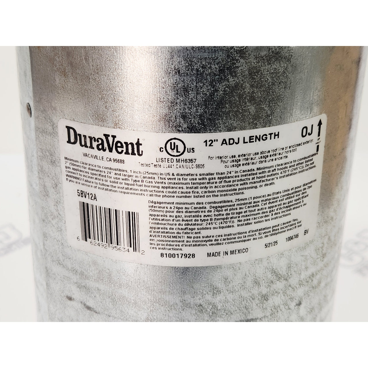 DuraVent 5BV12A 5" ID Type B Round Gas Vent Pipe - 12" Pipe Length - Aluminum
