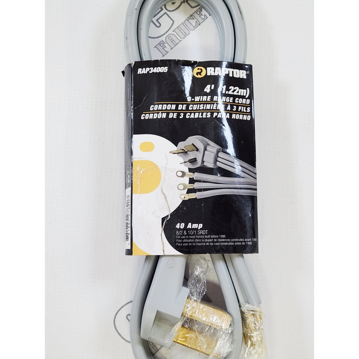 Raptor Tools RAP34005 Kitchen 4' 40A 3-Wire Range Power Cord - Black